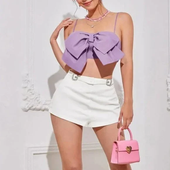 Bow Front Cami Cropped Top Purple - Picture 2 of 5